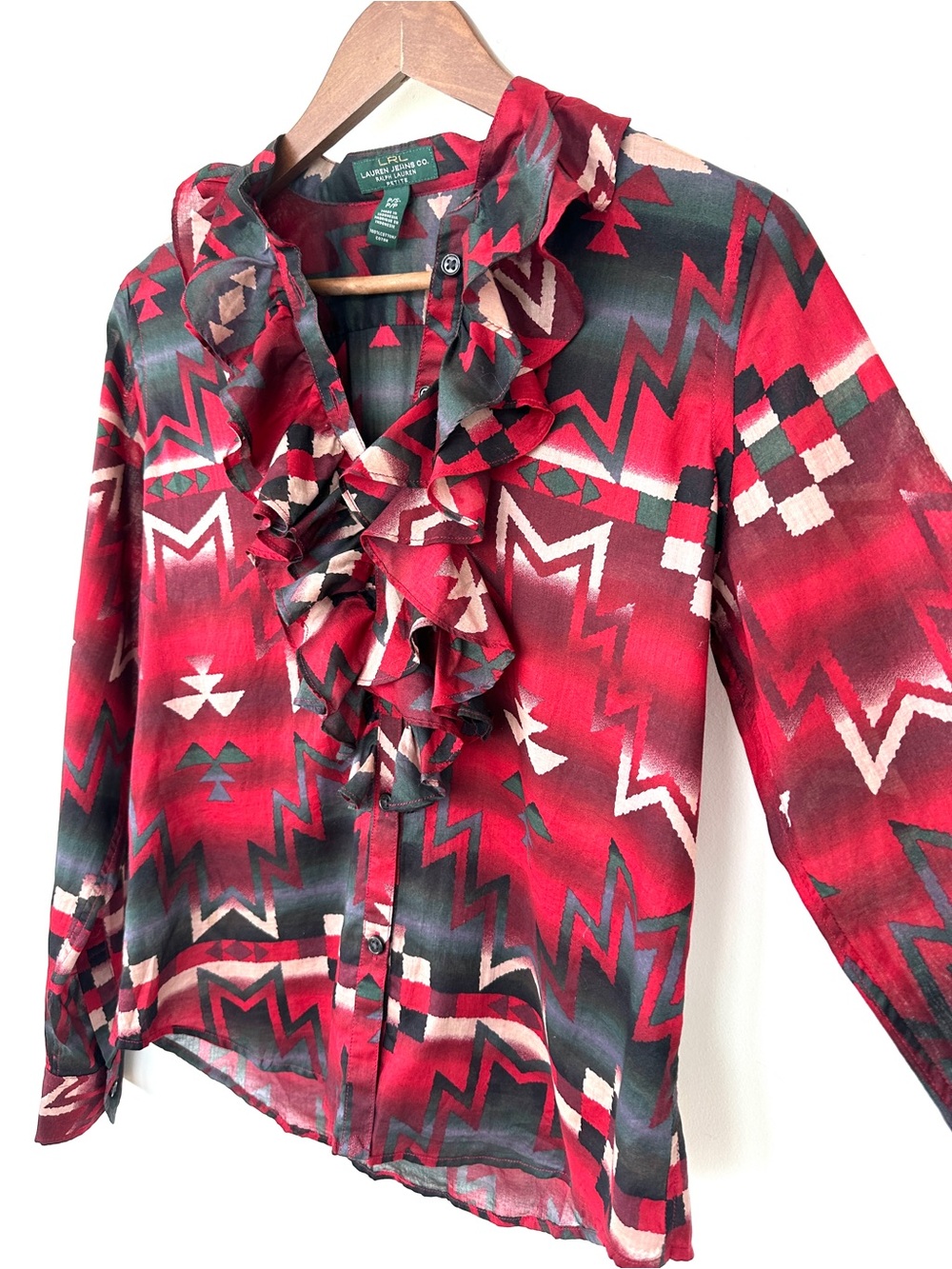Lauren Ralph Lauren Red Ruffle Blouse with Long Sleeves, Aztec Print, 💯 Cotton